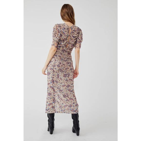 FREE PEOPLE Briella Floral Printed Midi Dress Large Cream Tea Ruched NWT - Picture 4 of 16